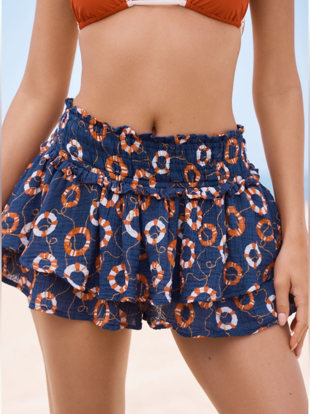 Anthropologie Boho Mini Skort Navy Blue Orange Life Ring Print SIZE LARGE NEW